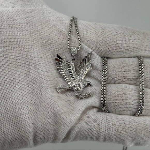 925 Sterling Silver White Gold Dipped Eagle Pendant CZ Iced 9g Large unisex